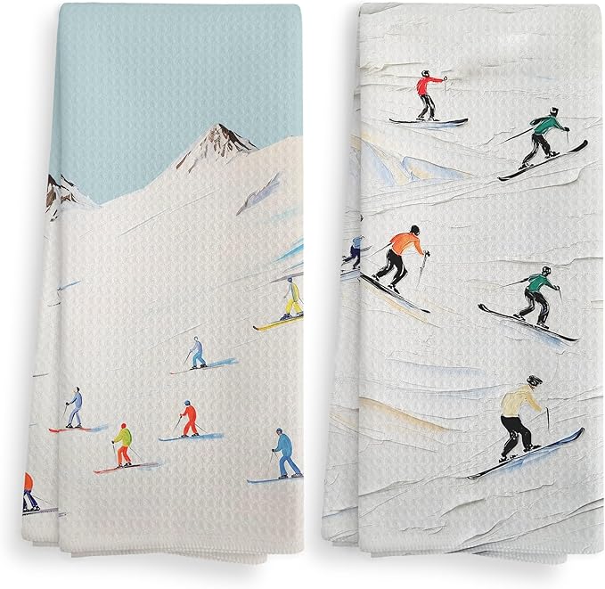 NOQL Winter Skiing Skier Kitchen Towels and Dishcloths Set of 2, Ski Skiing Gifts for Skiers, Ski Christmas Ornaments Deco...