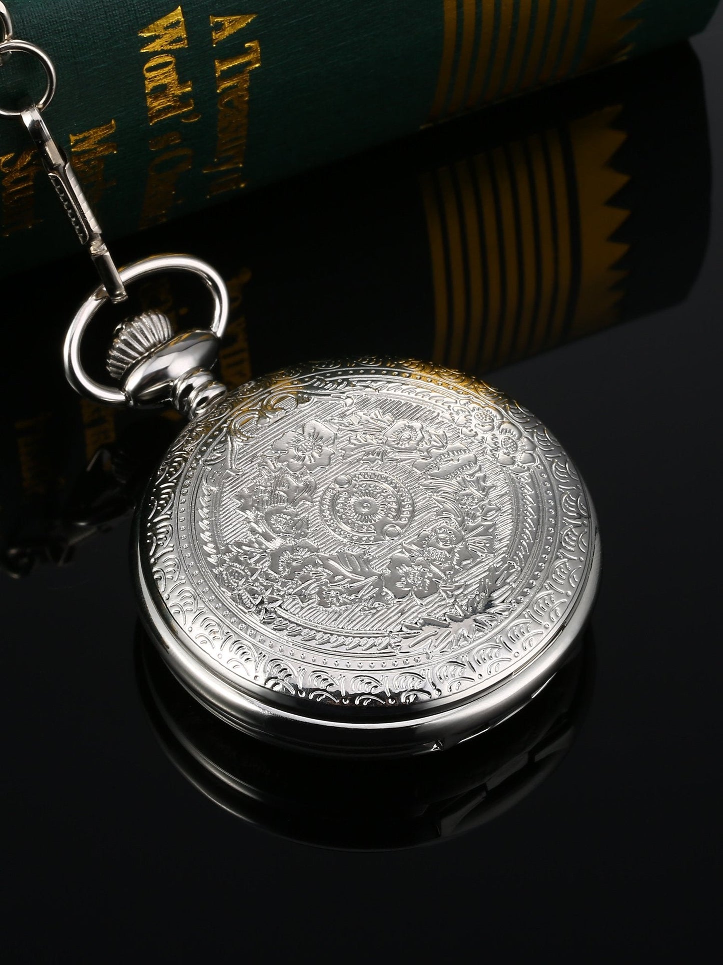 Hicarer Quartz Pocket Watch for Men with Black Dial and Chain Vintage Roman Numerals Christmas Gifts Birthday (Silver)