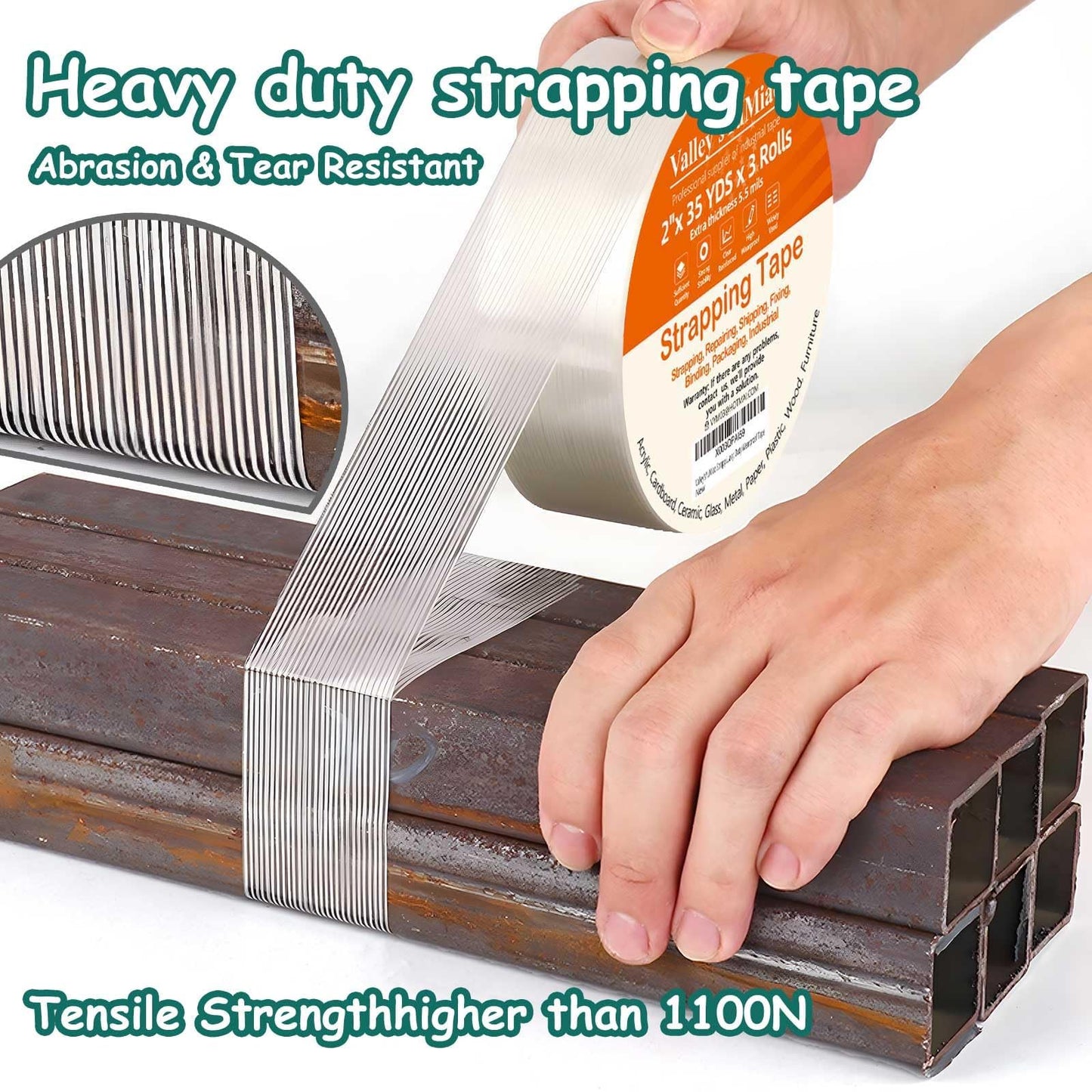 Valley'sYuMiao 3Pack, Mono Filament Strapping Tape, 2in×35yds, 105yds Total, Fiberglass Reinforced Packing, Heavy Duty Wearproof Tape, Extra Thickness 5.5 mils