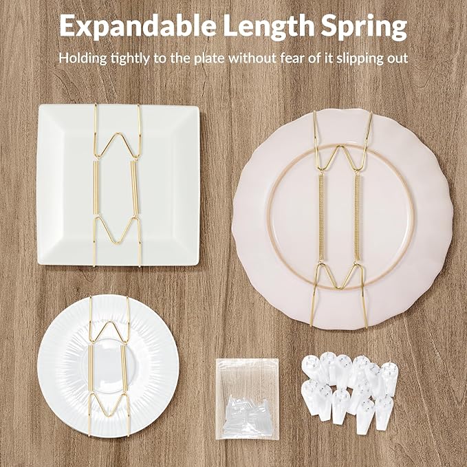 12-Pack Invisible Wall Plate Hangers, 4/6/8 Inch Brass Plate Holders with 16-Pack Wall Hooks