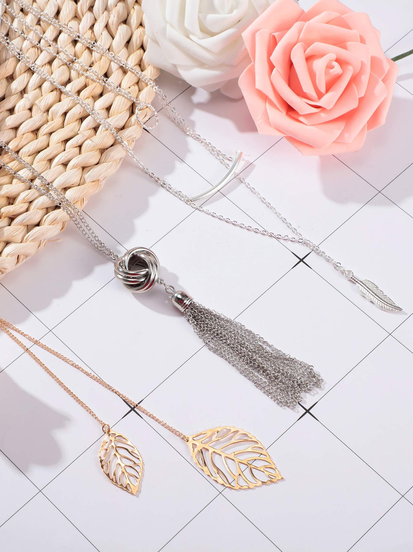 Hicarer 12 Pieces Long Pendant Necklace Set Y Tassel Leaf Circle Bar Necklace for Women (Stylish Style)