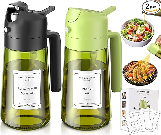 Vakoo 2 in 1 Oil Sprayer and Oil Dispenser for Kitchen - 16oz/470ml Light-Blocking Dark Glass Olive Oil Spray Bottle for Cooking, Air Fryer, Salad & BBQ (Black&Green)