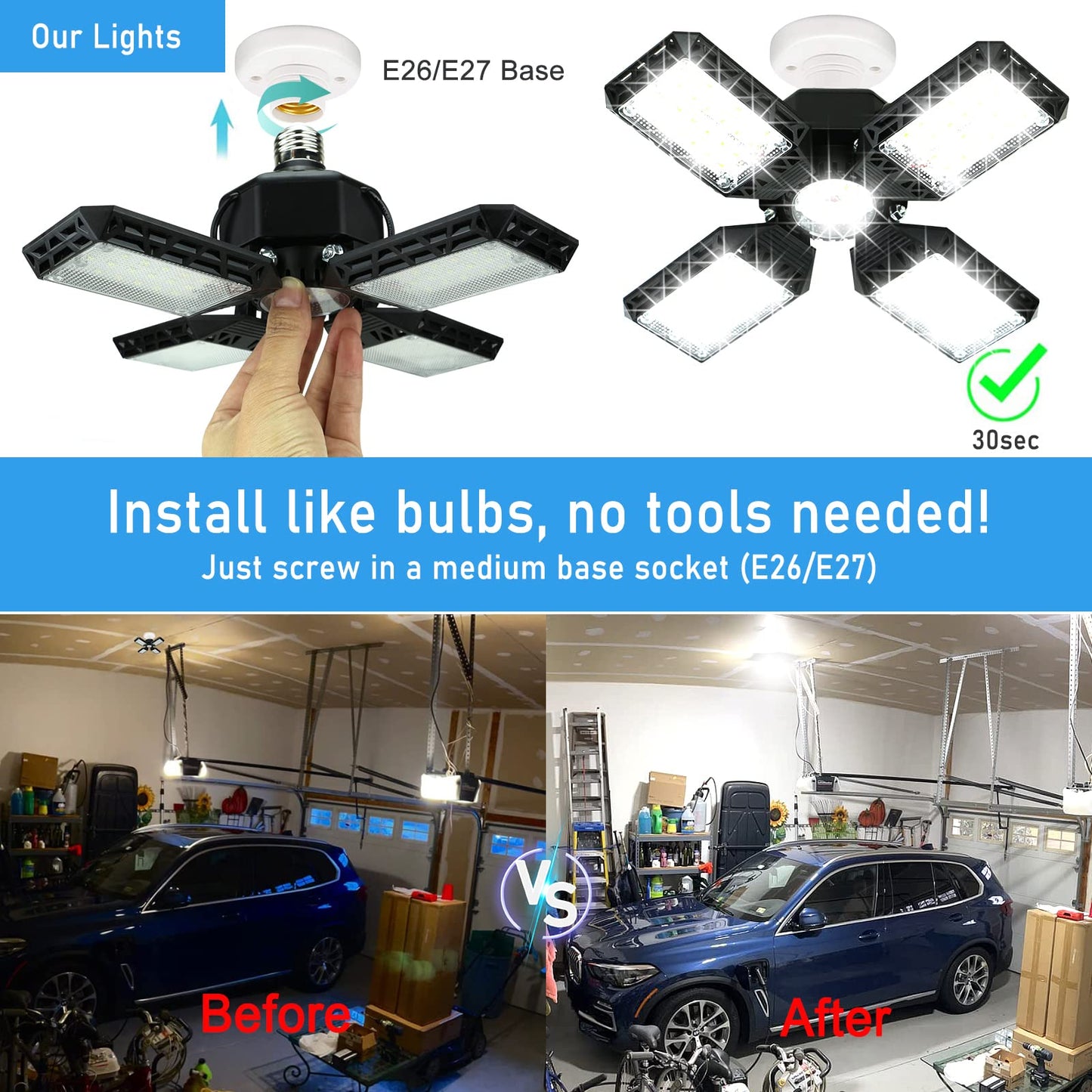 QiyuanLS 4-Pack LED Garage Light, 150W Deformable Ceiling Lights, 15000LM, E26/E27, Black, ABS+Aluminum, for Garage/Bas