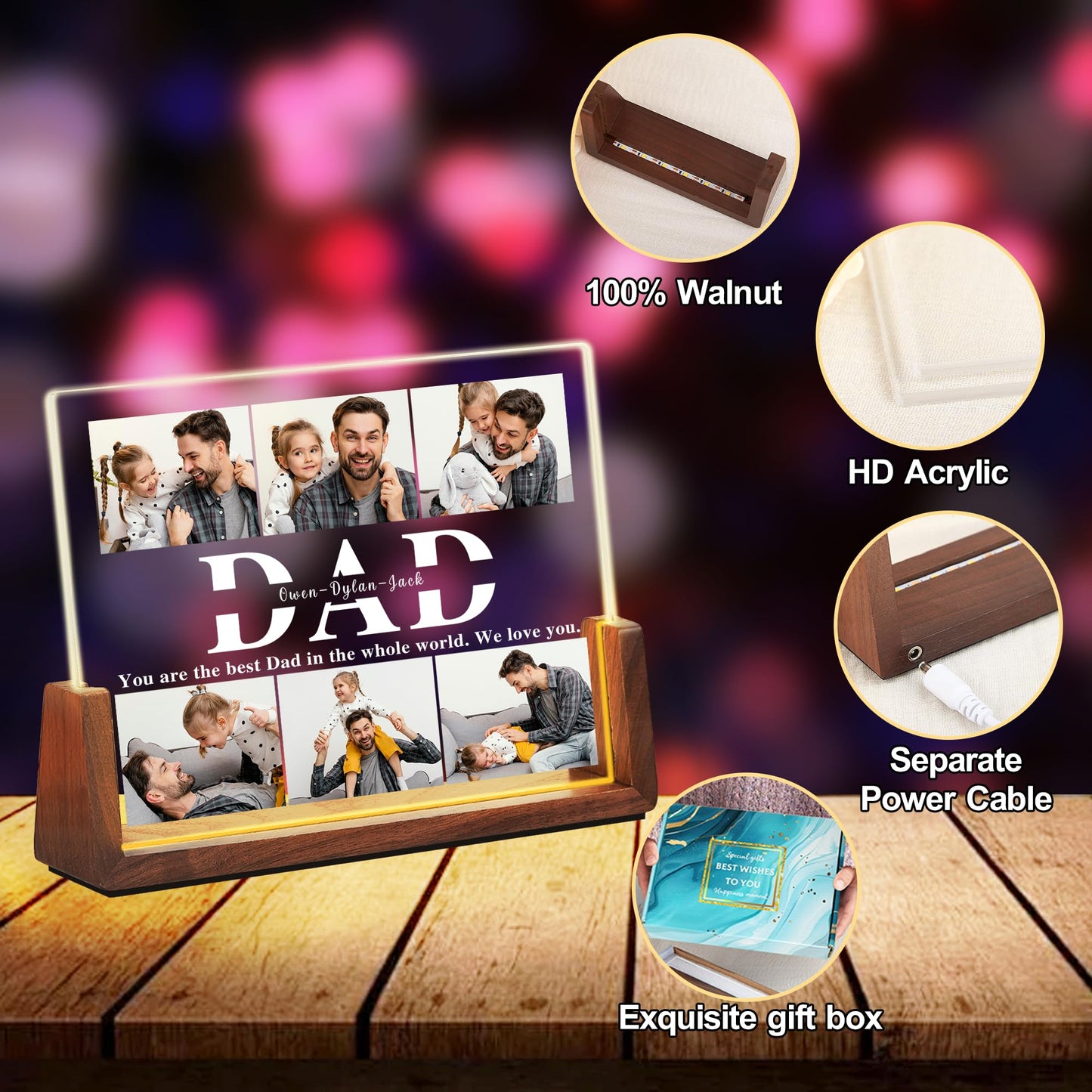 Fathers Day Personalized Gifts For Dad From Daughter Son Wife  Custom Picture Frame Acrylic Plaque Night Light With Photo Name  Customized Dad Birthday Christmas Gifts For Papa Grandpa Husband