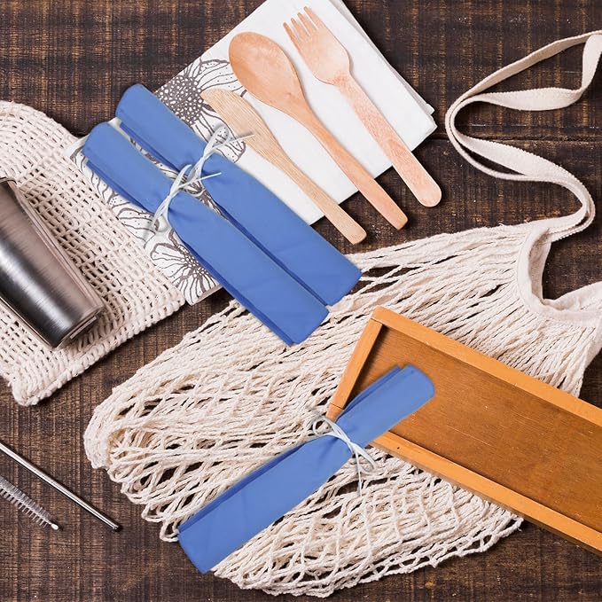 12 Pcs Blue Silverware Organizer,Silver Storage Cloth Felt Flatware Organizer, Silver Protector Bags, Place Setting Roll with Stylish White Ribbon for All Kitchen Cutlery Utensil
