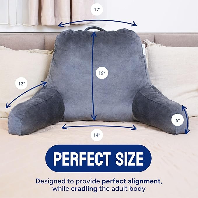ComfortSpa Reading Pillow for Bed Adult Size, Back Rest Pillow with Arms, Pockets and Washable Cover; Use as a Back Pillow for Bed Sitting Up for Bedrest or Relief from GERD Heartburn (X-Large Grey)