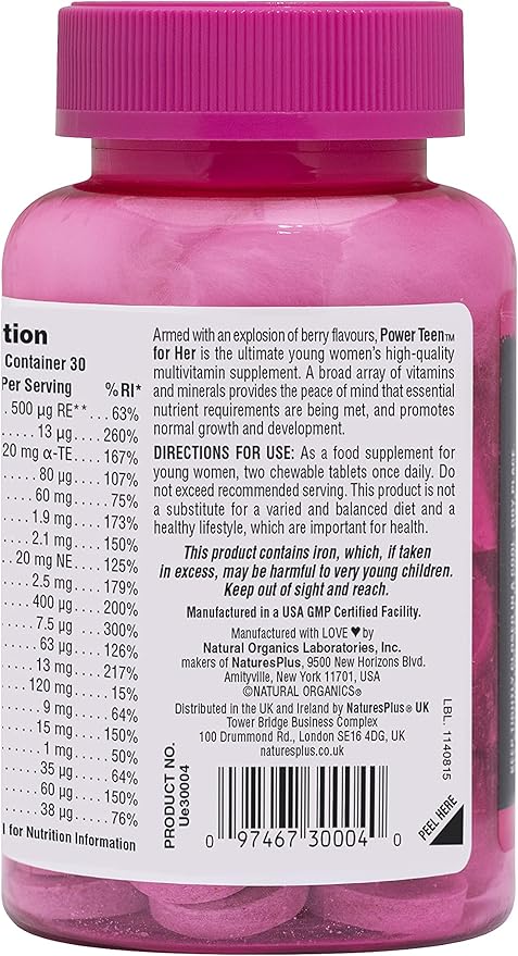 Natures Plus Power Teen for Her Chewable - 60 Vegetarian Tablets - Wild Berry - High Potency Multivitamin for Young Women - Hormone-Balancing - Sugar Free, Vegan, Gluten-Free - 30 Servings