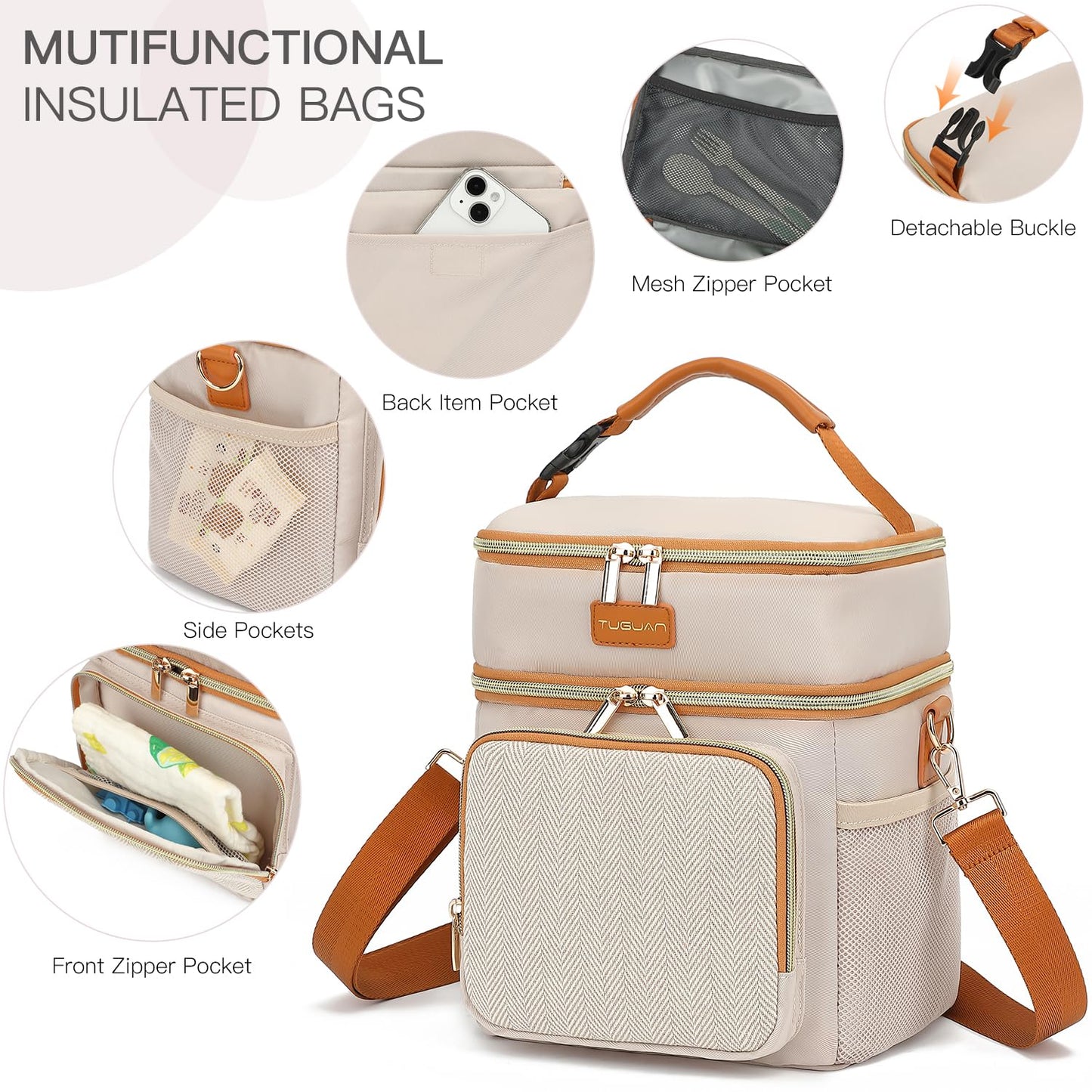 Double Layer Breastmilk Cooler Bag with Ice Pack Insulated Travel Bag for Baby Bottle Breast Milk Storage & Feeding Fits 6 Bottles Up to 9 Ounces Portable Leakproof Bottle Bag for Travel Daycare Beige