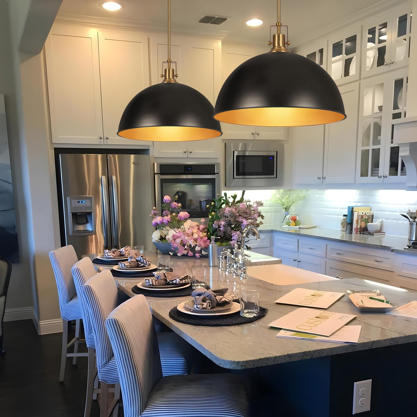 Lamqee 18 Inch Black And Gold Large Pendant Light Kitchen Island  Farmhouse Modern Dome Pendant Light Fixtures Ceiling Hanging Lighting Chandelier For Dining Room Over Table  Bar  Hallway  Entryway