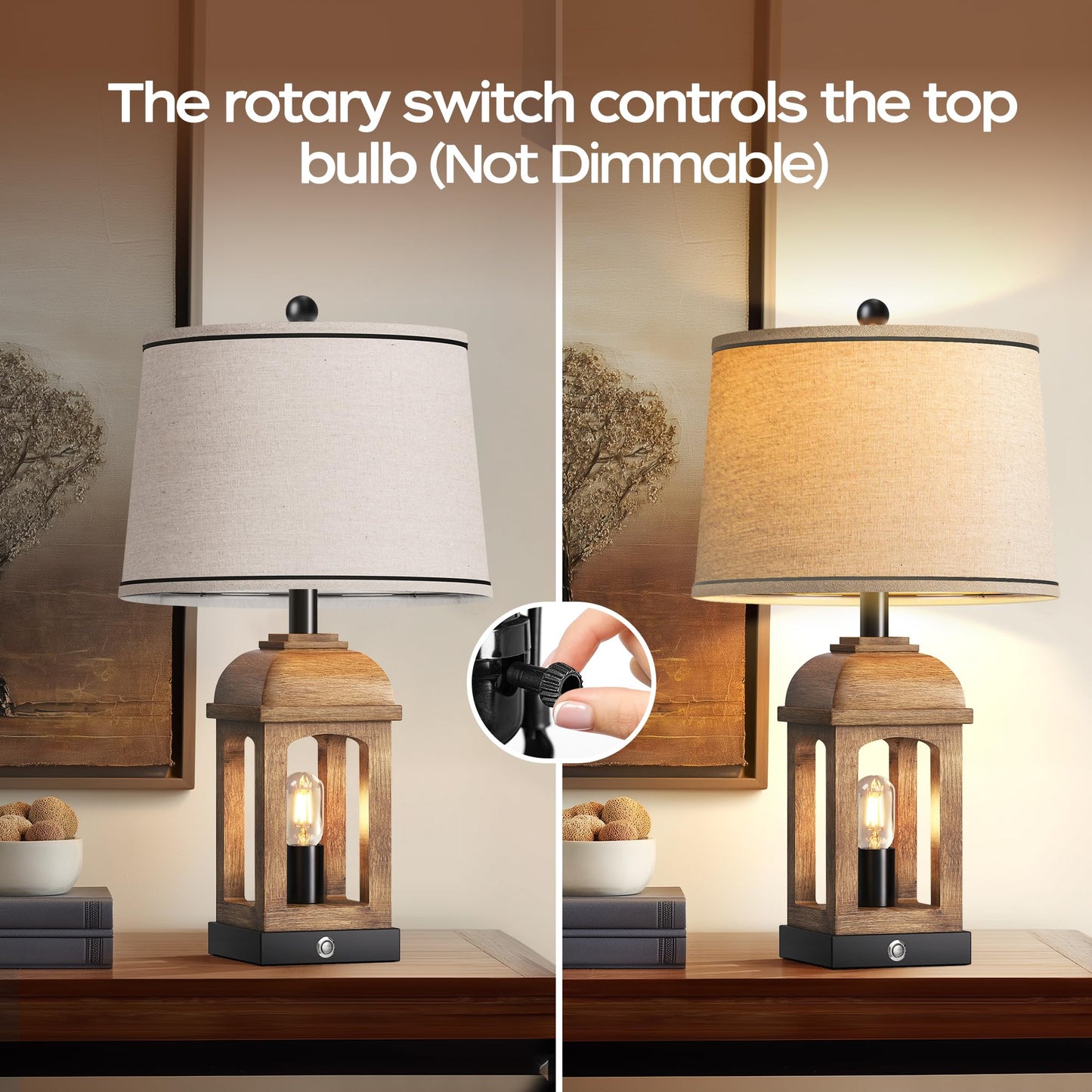 QiMH Table Lamp - Rustic 26in Nightstand Lamp with 3-Way Dimmable Touch Control, USB A+C, Wood Grain, 1 Pack
