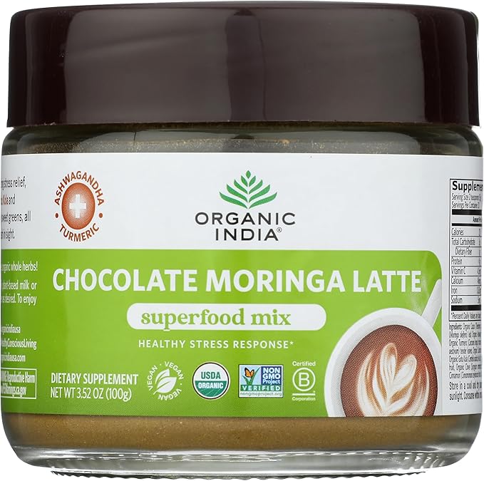 Organic India Chocolate Moringa Latte Powder - Superfood Mix, Moringa Leaf Tea, With Ashwagandha and Turmeric, Dietary Supplement, Stress Support, Rich Cocoa, Caffeine Free - 3.52 Oz