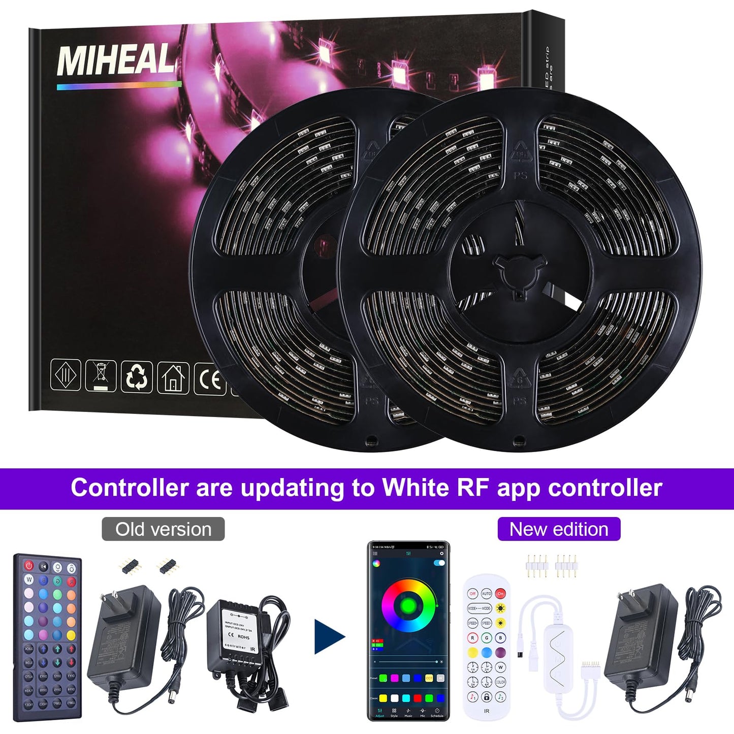 Miheal 32.8 Ft Led Strip Lights Kit, 300 Leds, Waterproof 5050 Rgb, With Rf Controller, For Home, Kitchen, And Bedroom Decoration