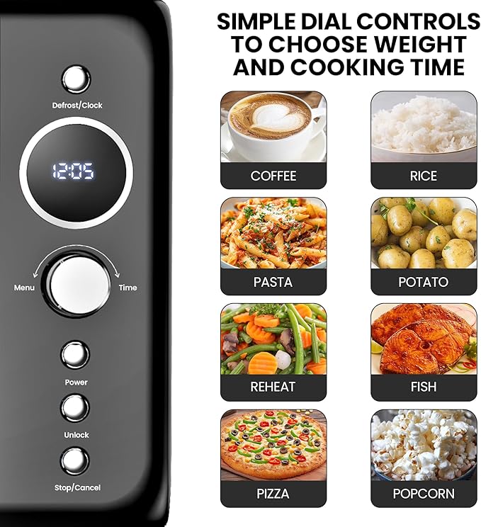 Total Chef Retro Microwave Oven | 20L / 0.7 Cu Ft | Quick Start & Defrost By Weight/Time | 8 Pre-set Cooking Modes For Coffee, Rice, Pasta, Potato, Reheat, Fish, Pizza, Popcorn | 700W | Black
