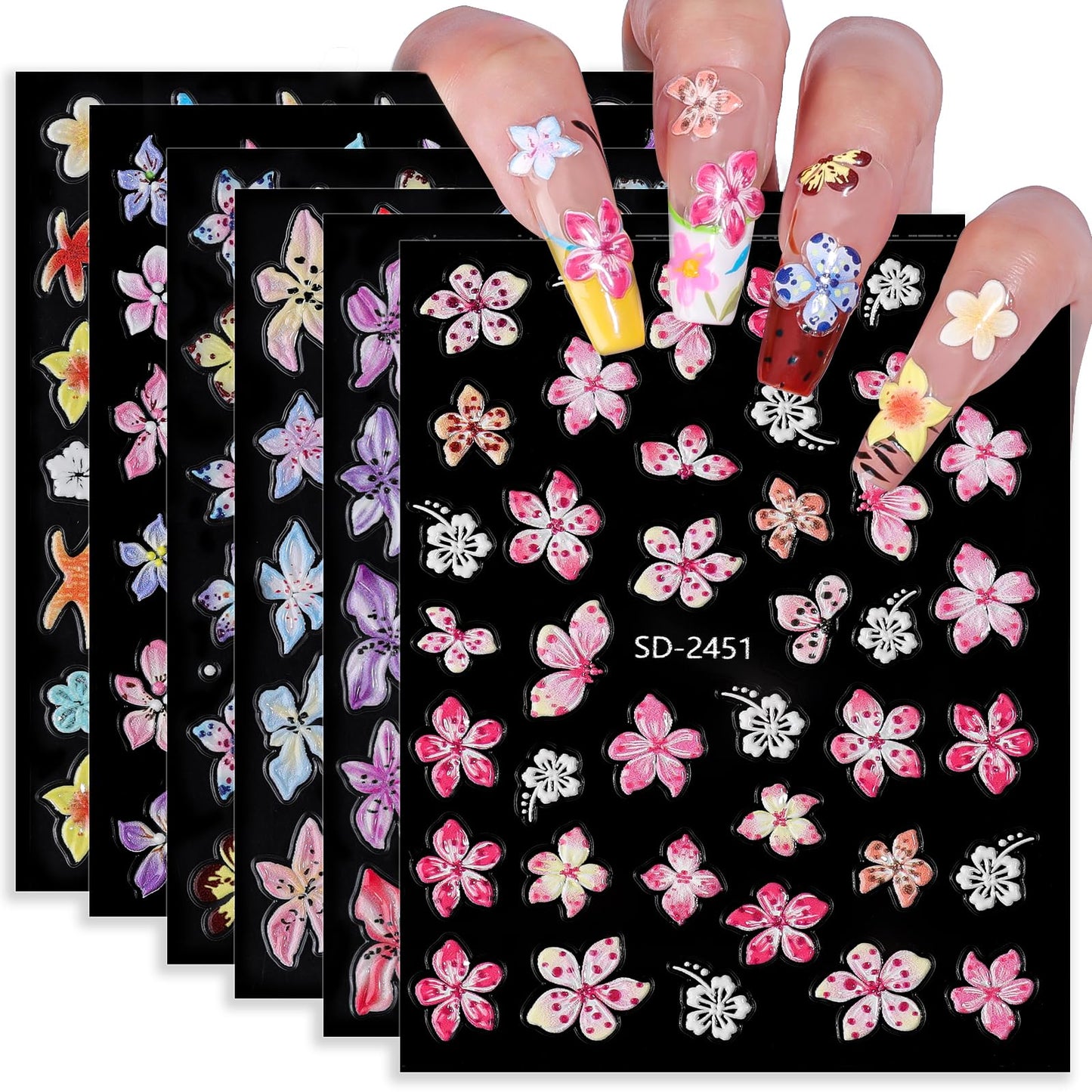 Hawaii Flower Nail Stickers 6 Sheets 5D Embossed Floral Nail Decals Pink Blue Hibiscus Nail Art Stickers for Women DIY Manicure
