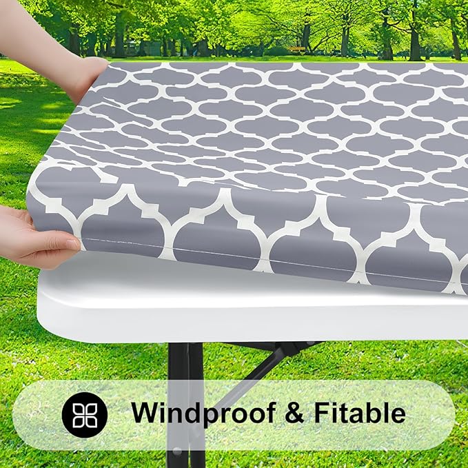 Smiry Rectangle Picnic Table Cover, Waterproof Elastic Fitted Camping Tablecloths for 6 Foot Tables, Wipeable Flannel Backed Vinyl Tablecloth Protector for Indoor, Outdoor (Grey, 30x72 Inches)