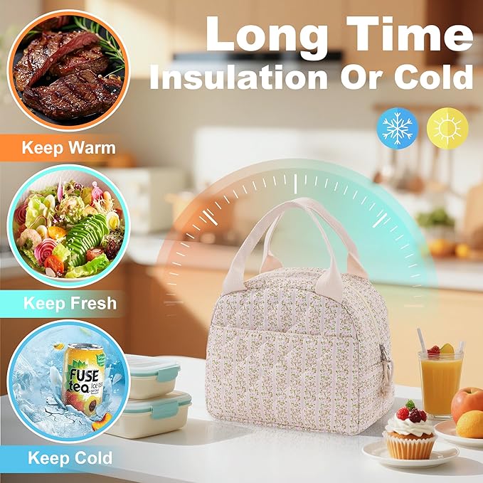 Lunch Bag for Women Insulated Lunch Box Reusable Cooler Bag Portable Cute Floral Quilted Cotton Bag Leakproof Tote Bags for Travel, Work, and Picnic, Stripe and Flower