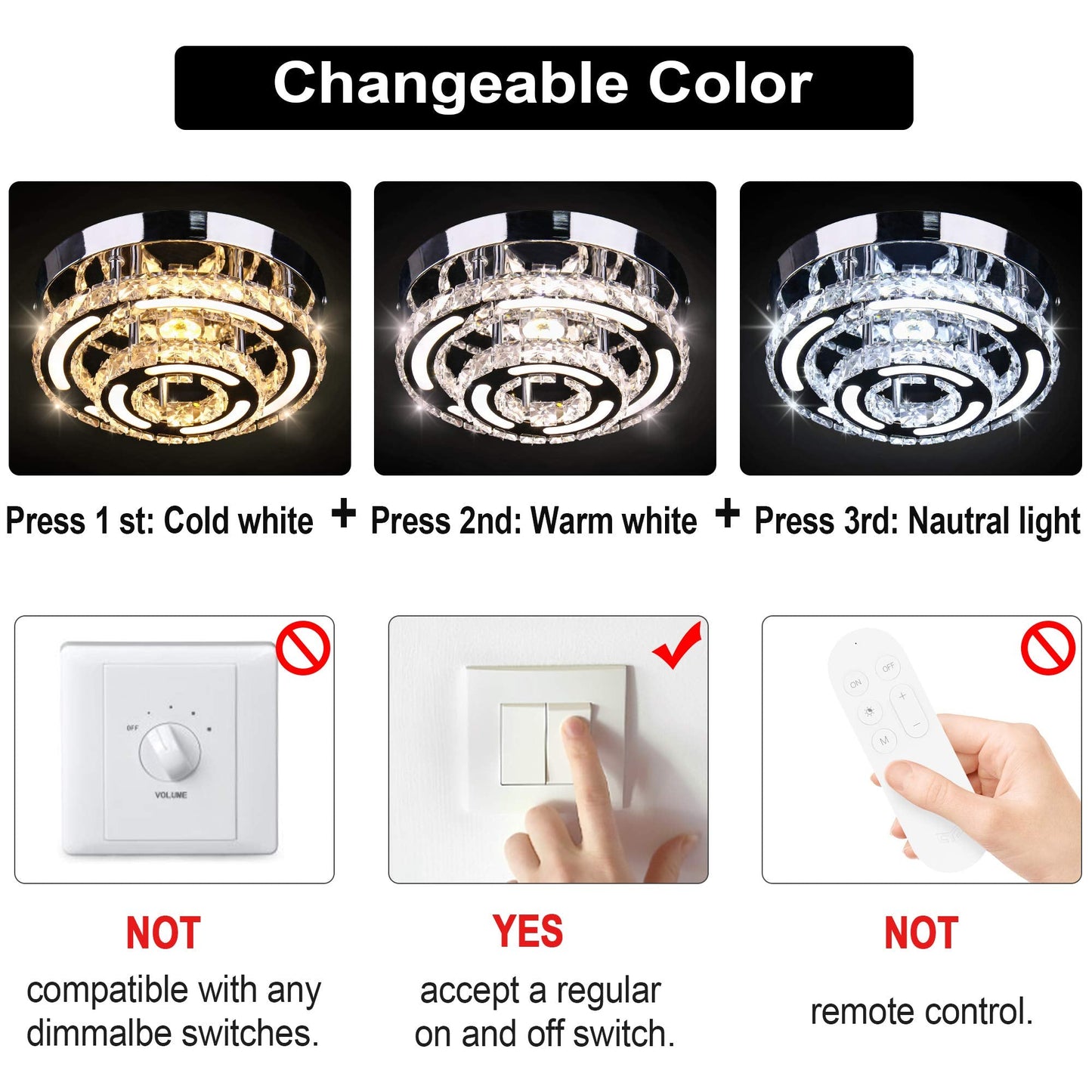 CXGLEAMING Modern LED Ceiling Light Chandelier, K9 Crystal, Stainless Steel, 3 Color Light, Round Small, Variable Light