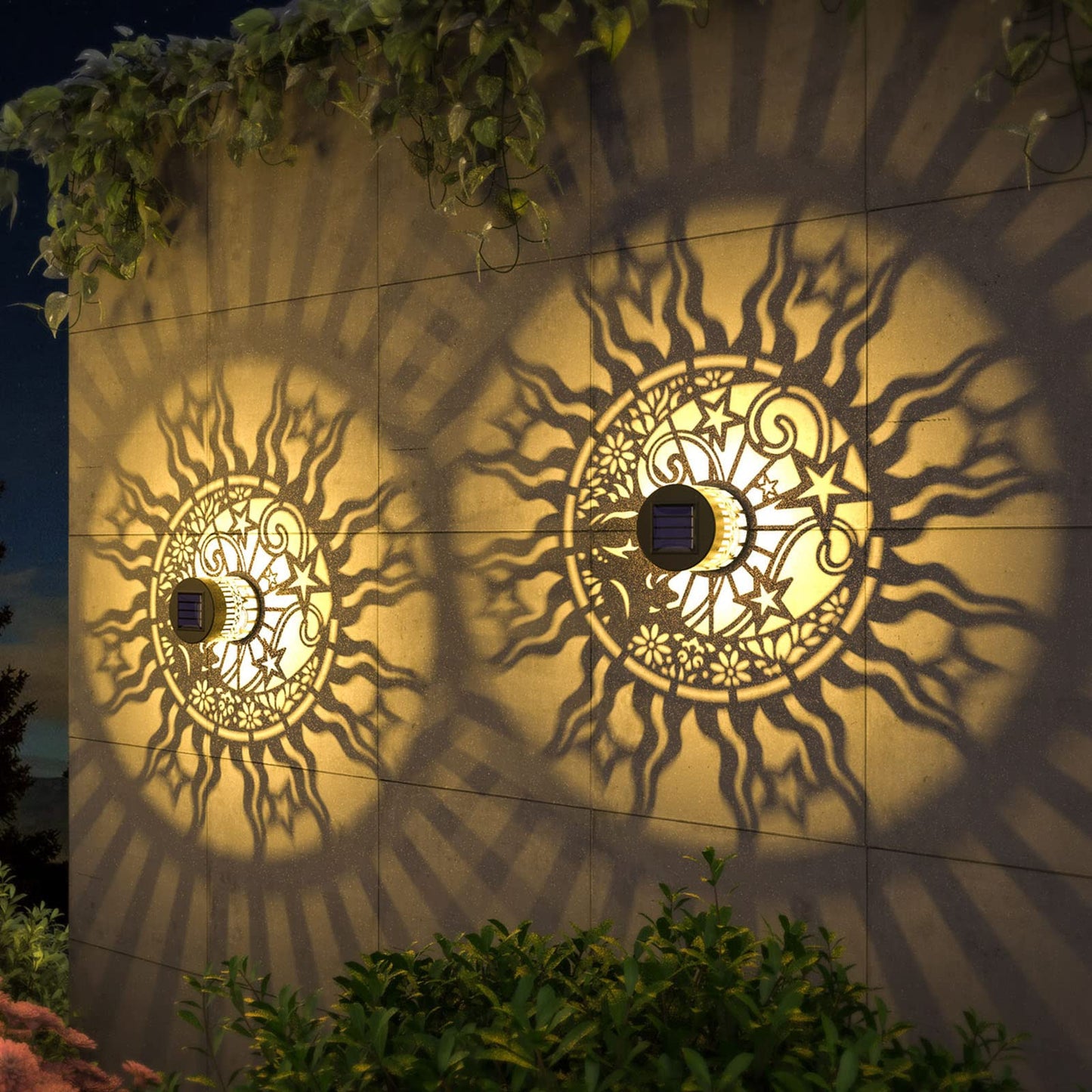gardencave Solar Fence Lights, Metal, Waterproof, Sun Moon Theme, 2 Pack, Face, Model TIH03 for Outdoor Garden Decor