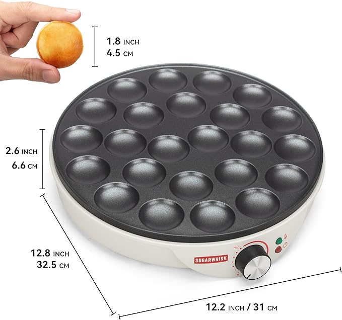 24 Slots Mini Pancakes Maker, Poffertjes Maker Pan, Thin Ebelskiver Aebleskiver Pan, Electric Pancakes Maker, Dutch Pancake Machine, Browning Controllable, with Brush & Forks, White