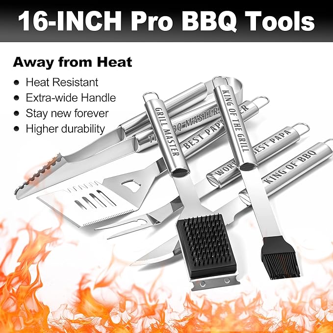 Papa Gifts, Papa Gifts from Grandkids Heavy Duty Grilling Accessories Kit for Backyard BBQ, Thick Stainless Steel Grill Utensils with Non-Slip Handle Tool on Christmas Birthday
