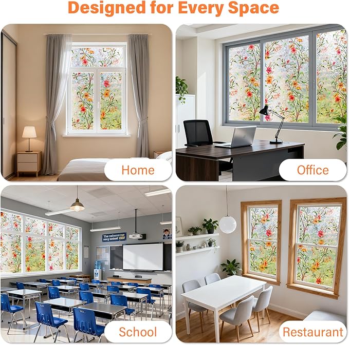 Finnez Stained Glass Window Film with Floral Pattern, Crescent Base and Rainbow Effect, Decorative Static Cling No Glue No Residue 17.5 x 157.4 Inches