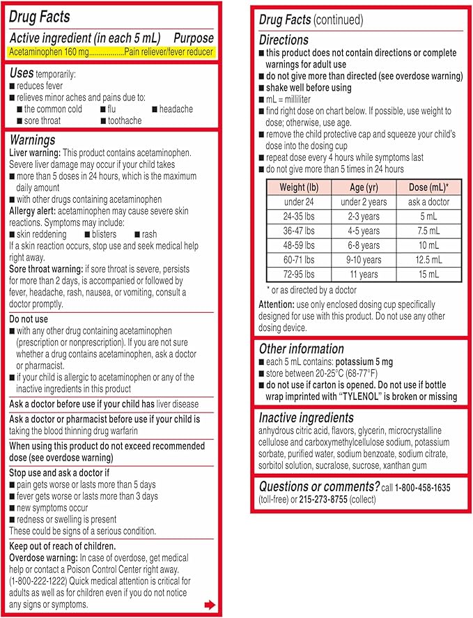 Children's Tylenol Liquid Pain Relief & Fever Medicine, Acetaminophen Oral Suspension, Free of Dyes, Aspirin, Ibuprofen, High Fructose Corn Syrup; Natural Apple Flavor, 4 fl. Oz