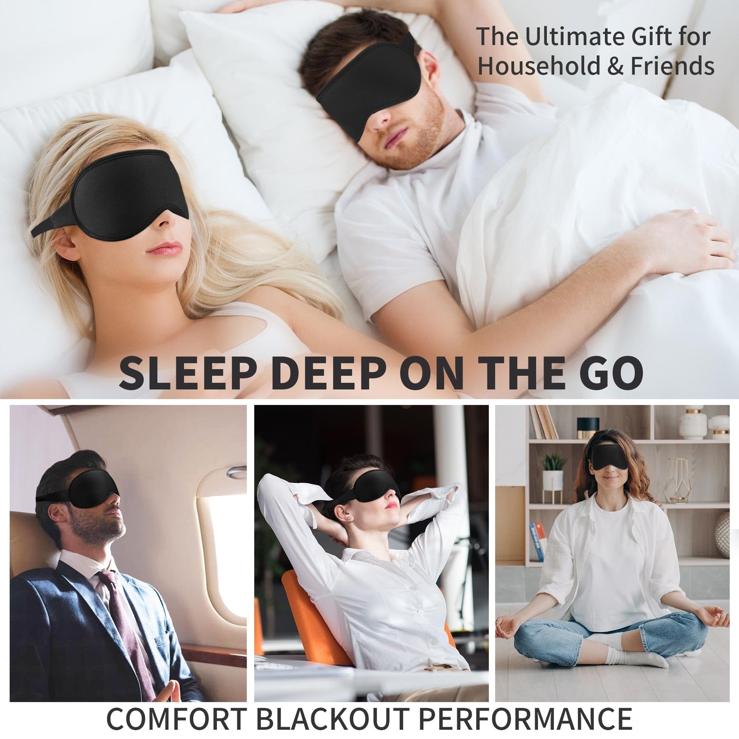 3D Sleep Mask for Men Women 2 Pack, Blackout Eye Mask for Sleeping Eye Mask for Side Sleeper, Memory Foam Adjustable&Washable, Airplane Travel Essentials Couples Yoga Meditation Office Black & Black