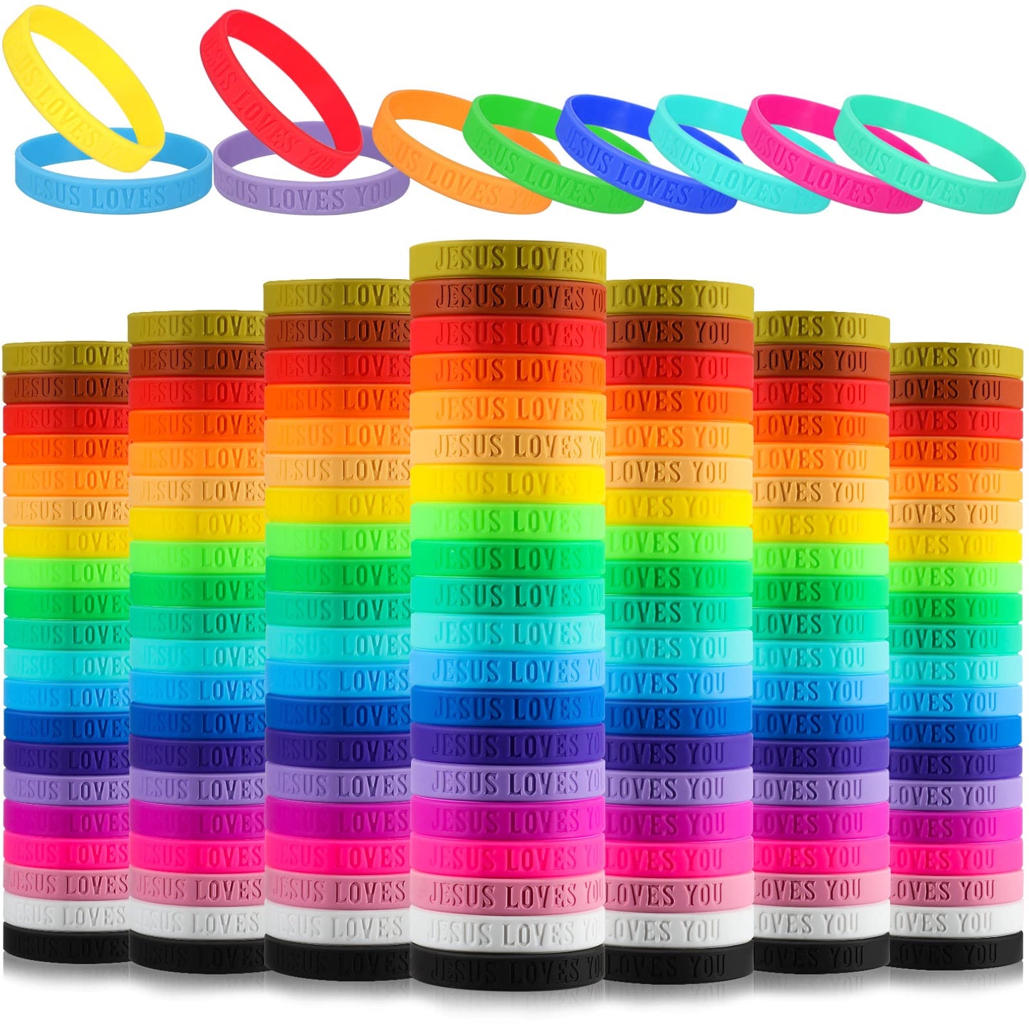Jerify 200 Pcs Jesus Loves You Silicone Bracelet Christian Wristbands Bulk Bible Verse Rubber Bracelet Religious Colorful Bands