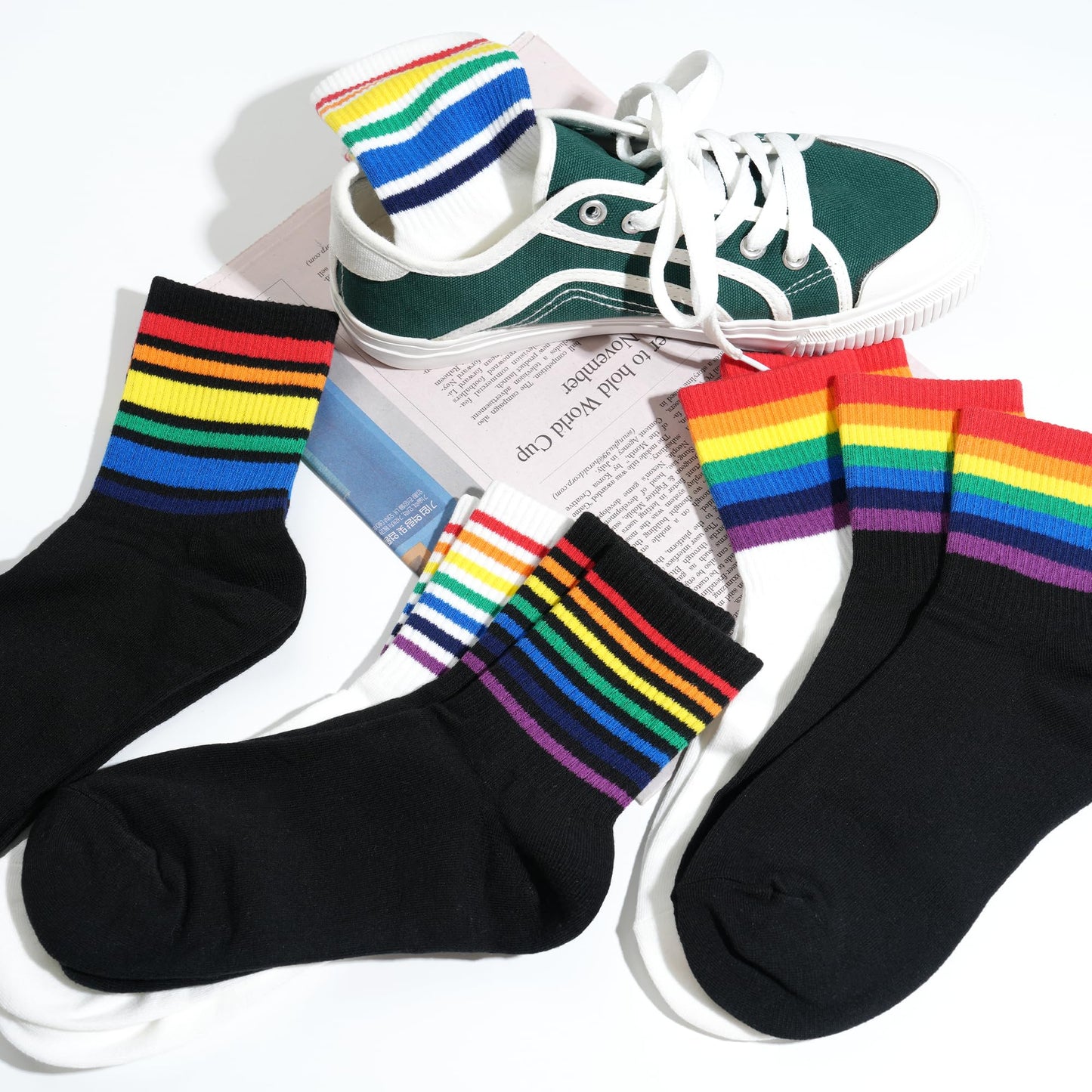 kikiya socks Women Pattern Crew | 6 Pairs Black White Rainbow Tube Pride Color Striped Print Mid Calf Design Daily Trouser Boot Cotton Socks | Womens Ladies Girls Gift | Rainbow Tube