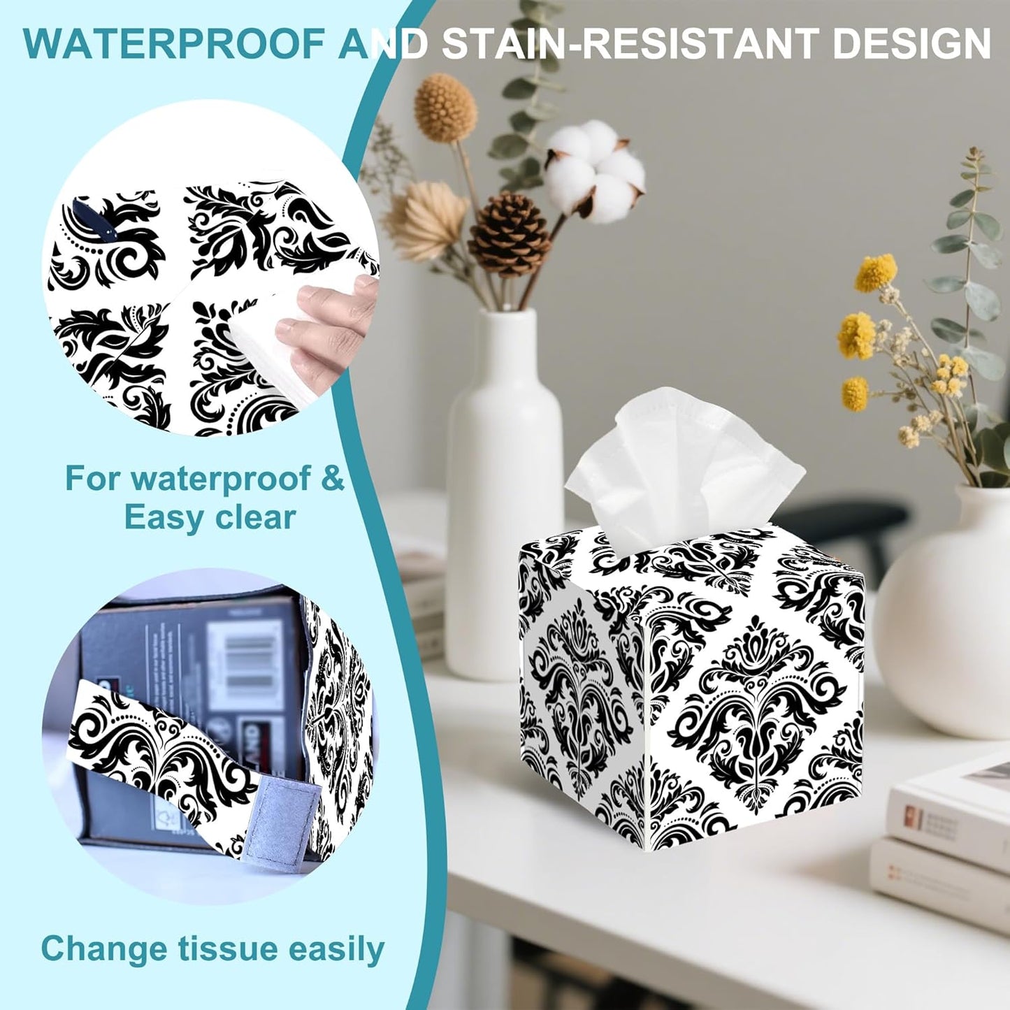 Vintage Damask Floral Tissue Box Cover Square,Leather Tissue Holder,Waterproof Leather Facial Paper Organizer Tissue Box Cover for Home Office Bathroom Vanity Countertop,5.2" x 5.2" x 5.2"