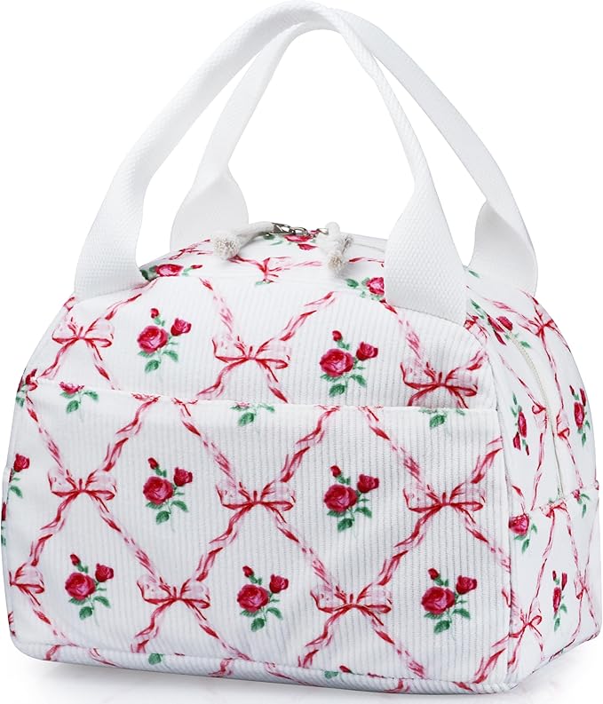 Lunch Bag - Insulated Lunch Box for Women, Reusable Large Capacity Cooler Bag for Adult, Small Leakproof Cute Corduroy Lunch Tote for Work Office Travel Picnic (Pink Bow Flower)
