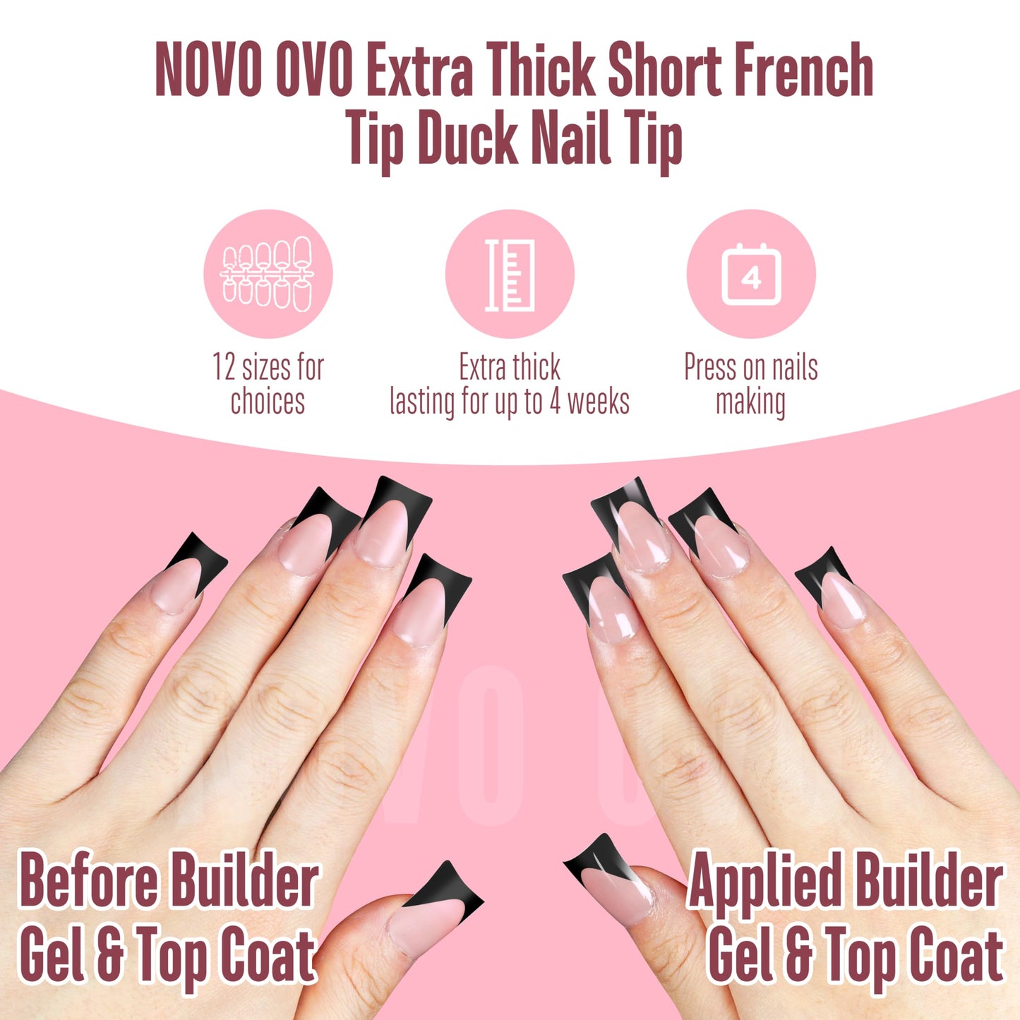 NOVO OVO Black French Tip Short Duck Nail Tips Press on, BABY PINK Pre-designed Soft Gel Nail Extension, Extra thick Full Cover