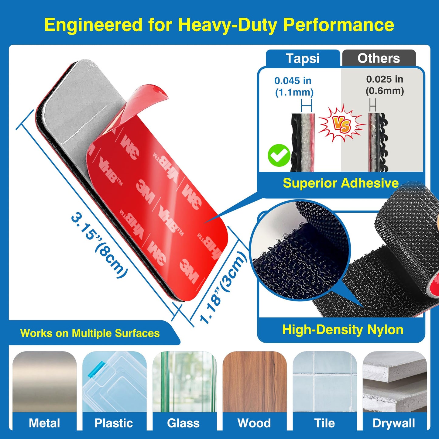 8 Sets Heavy-Duty Adhesive Hook and Loop Strips – Made with 3M VHB, 1.2" x 3.2", Heat-Resistant & Waterproof – Strong Hold for Indoor/Outdoor Use on Walls, Glass, Tile, Metal, Wood, and More