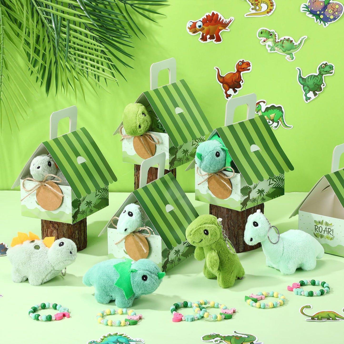 Remuuly 88 Pcs 12 Sets Dinosaur Party Favor Mini Dinosaur Stuffed Animals Bulk Plush Keychains Bracelet Gift Box Sticker for Ado