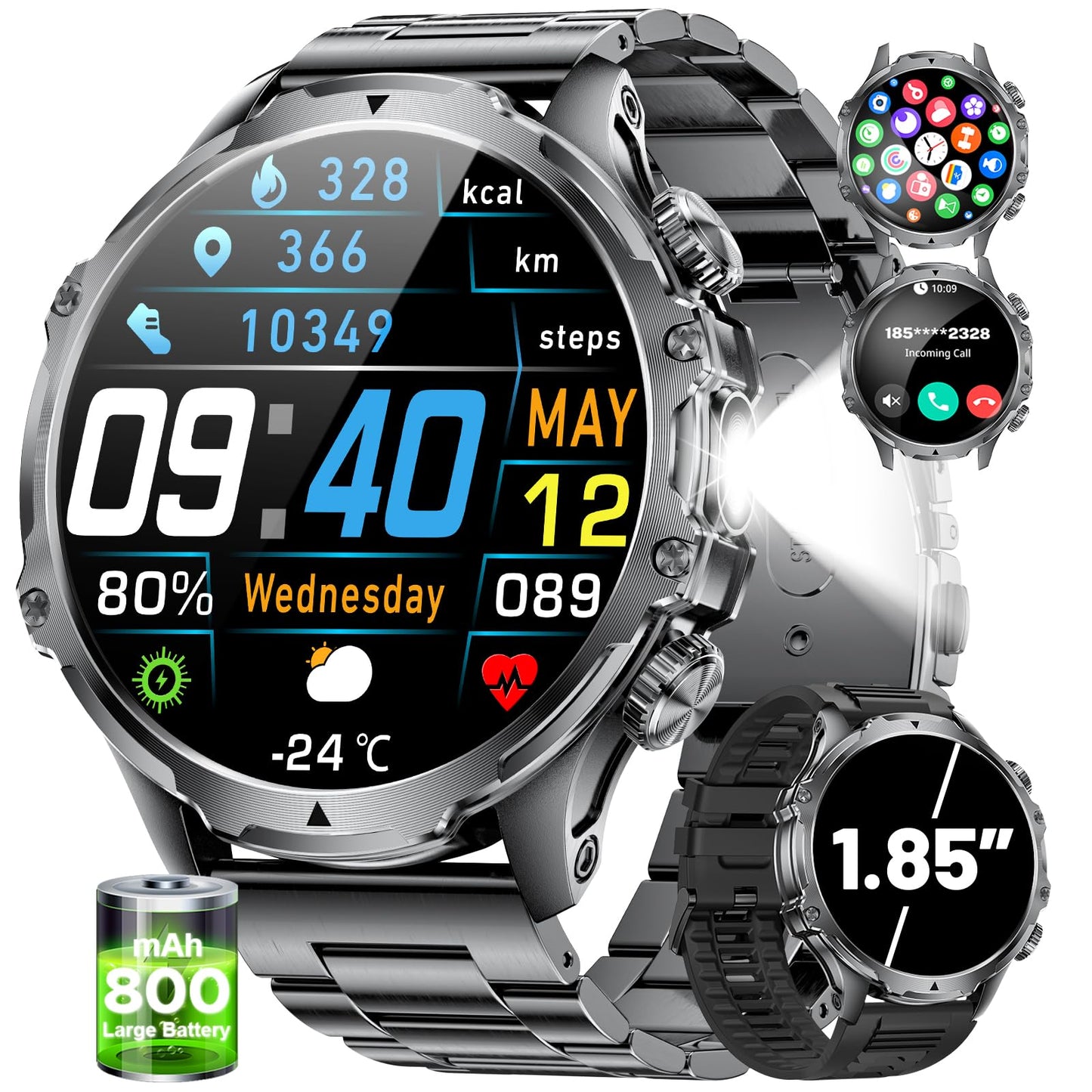 Smart Watches for Men(Answer/Make Calls) with LED Flashlight, 1.85"HD Screen Outdoor Sports Smartwatch ,800mAh Battery,Heart Rate/SpO2/Sleep Monitor 5ATM Waterproof Fitness Tracker for Android iOS