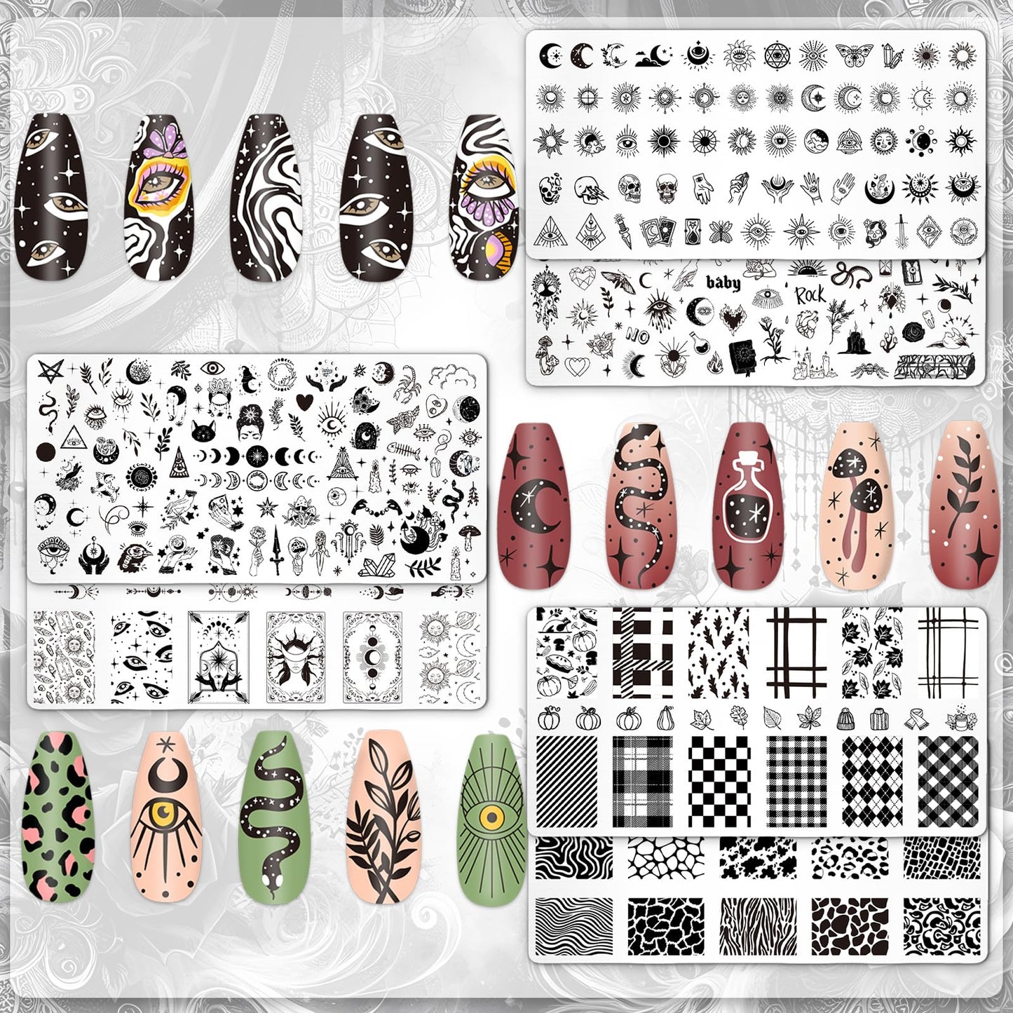 Whaline 6Pcs Gothic Halloween Nail Plates Stamping Set Skull Evil Eye Moon Stamp Templates Halloween Nail Art Plates for DIY Pri
