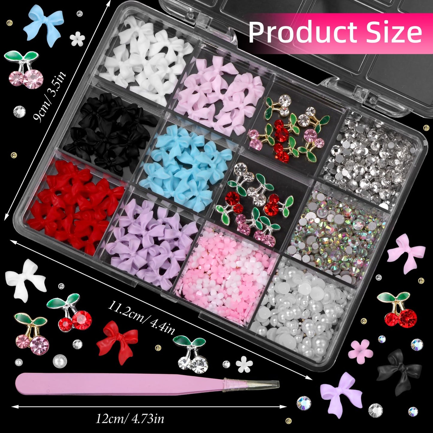 3D Bow Nail Charms and Rhinestones, Color Acrylic 3D Nail Bows Cherry Nail Charms, Bows Blossom Flowers Nail Charms and Gems for