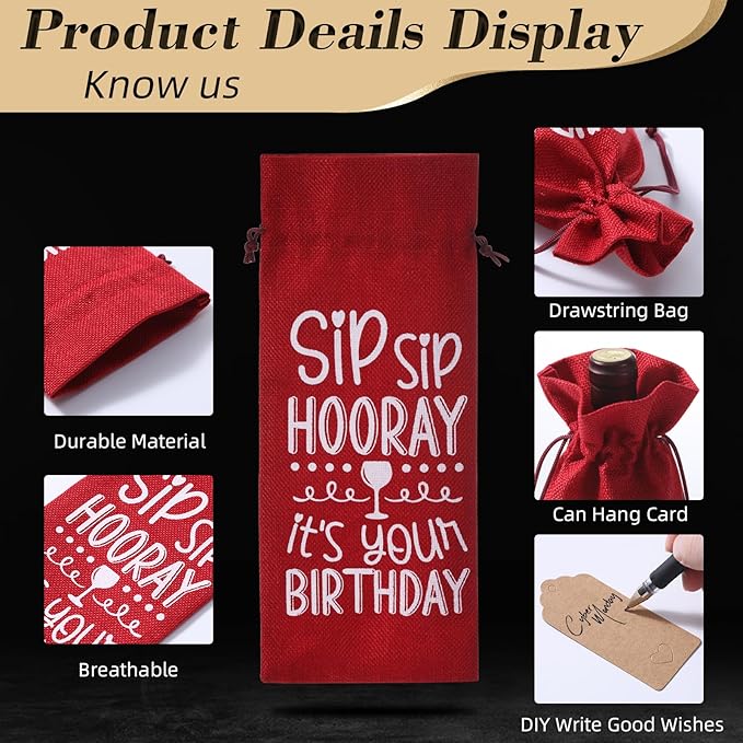 SIRIPHUM Burlap Wine Bags,2PCS Birthday Wine Bottle Gift Bags,Drawstring,Gift Tags,Bottle Cover Tabletop Birthday Party Decor (“Sip Sip Hooray”-Red)