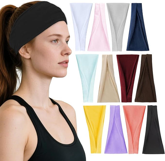 Headbands for Women, 12PCS Wide Stretchy Sports Hair Bands, Elastic Soft Fashion Head Bands, Non-Slip Running Sweatbands f...