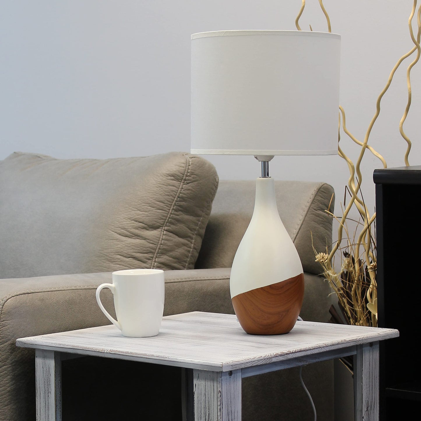 Simple Designs LT1118-DWD Bedside Table Lamp, Asymmetrical Line, Off White/Dark Wood, 9.45inL x 9.45inW x 19inH, Ceramic Shade