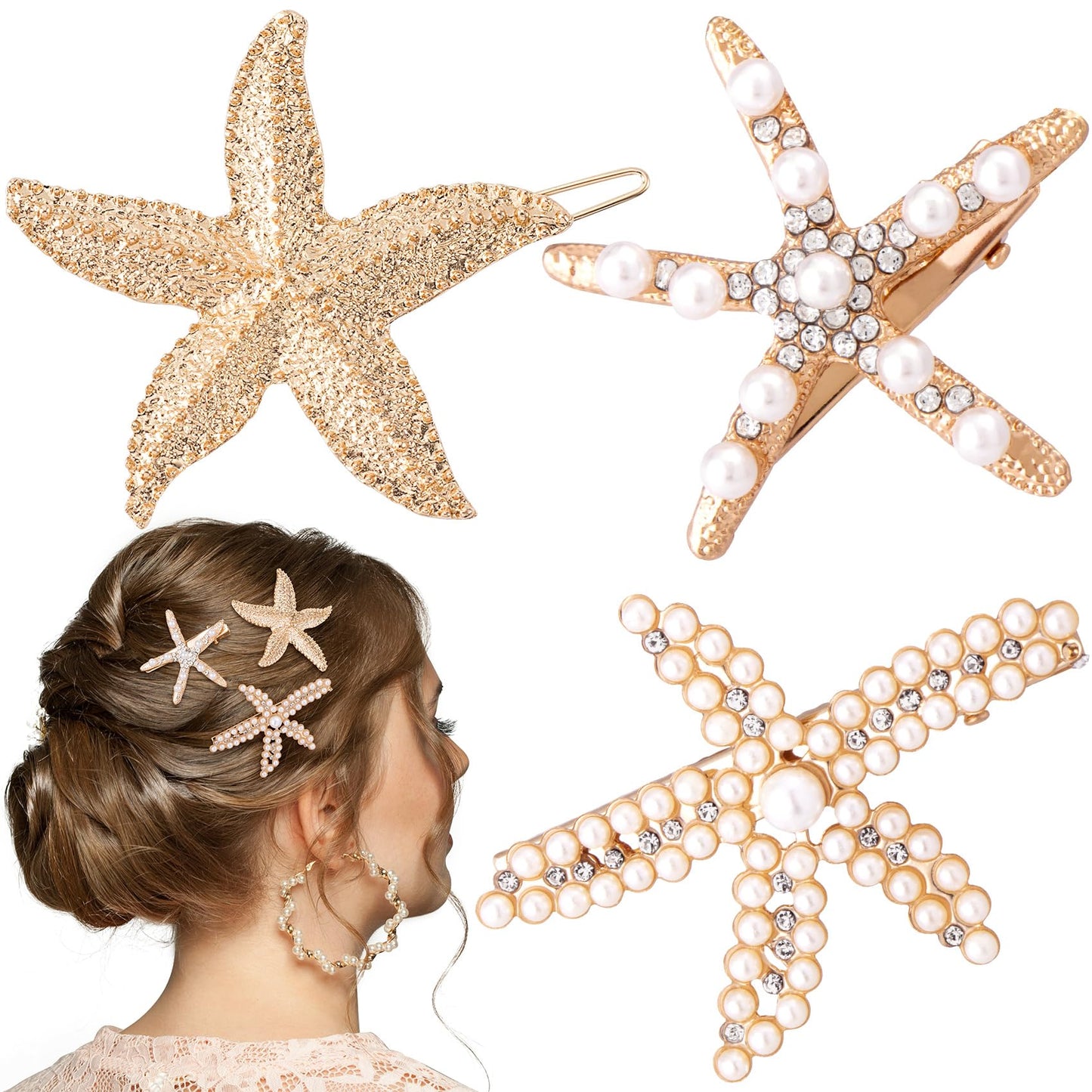 PAGOW 3 PCS Starfish Hair Clips, 3 Styles Gold Rhinestone Pearls Hair Clips, Faux Pearl Crystal Sea Star Wedding Headpiece Hair