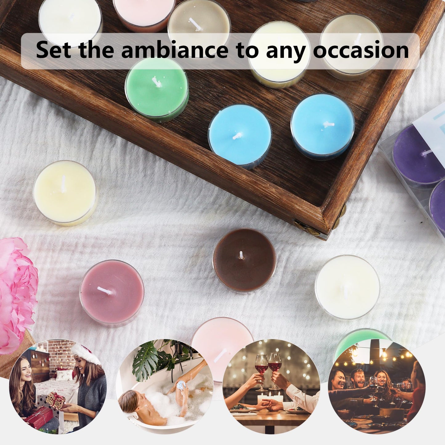 Linegohts Assorted Scented Tea Light Candles - 4 Pack - Soy Wax - Wild Bluebell - 4 Hours Burn Time - Perfect For Weddings & Events