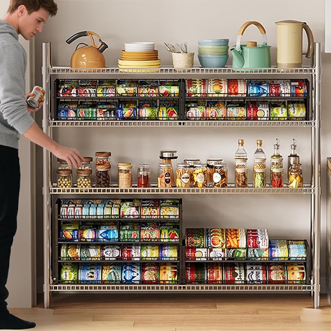 2-Tier Stackable Can Organizer for Pantry, Adjustable Extra-Long Can Rack for Pantry Shelf Organizer and Storage, Sturdy Standing Can Holder for Canned Soup Food Goods Storage up to 64 Cans, Black