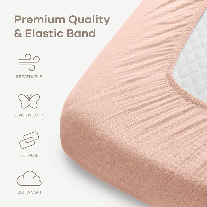 Comfy Cubs 100% Muslin Cotton Fitted Crib Sheet - Soft, Standard & Breathable Crib Sheets for Toddler Mattress - Snug Fit, Secure Elastic with Beautiful Packaging for Boys & Girls - Blush