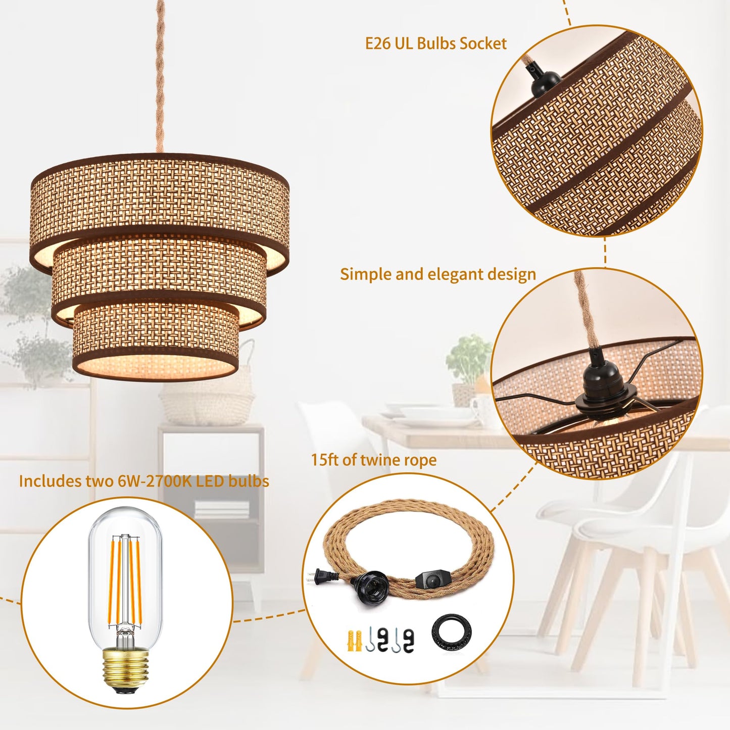 XININSUN Rattan Pendant Light Boho Wicker Chandelier 12inch Coffee 3-tier