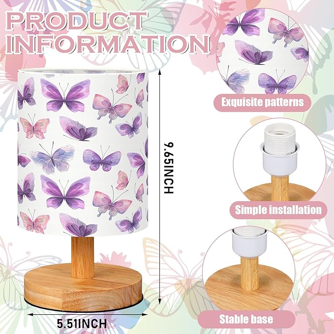 VIHOSE Butterfly Kids Table Lamp for Bedroom Kids Bedside Lamp with Linen Wooden Nightstand Cartoon Nursery Lampshade for Girls Boys Living Room