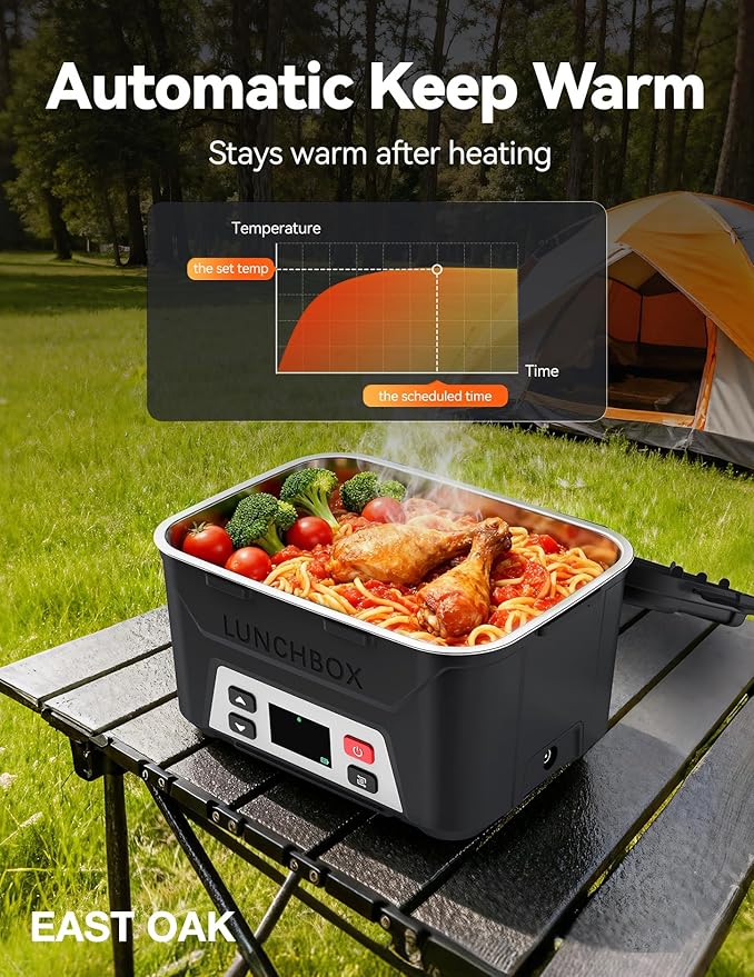EAST OAK Rechargeable Self-Heating Lunch Box, 5.5 Cups Cordless Electric Lunch Box with Automatic Heating, Includes Fork, Spoon & Insulated Bag(Matte Black)