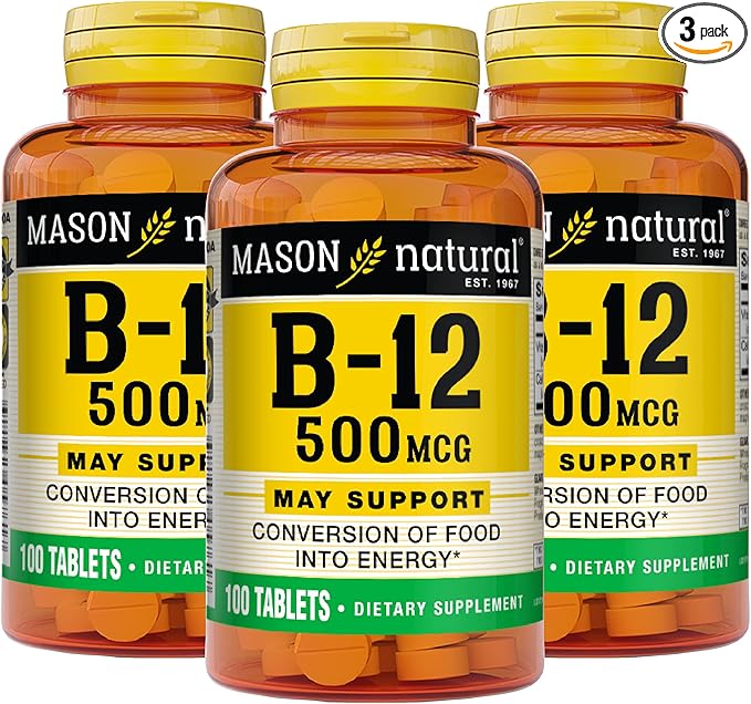 MASON NATURAL Vitamin B12 500 mcg with Calcium, Supports Energy & Nerve Health, 100 Tablets, Pack of 3