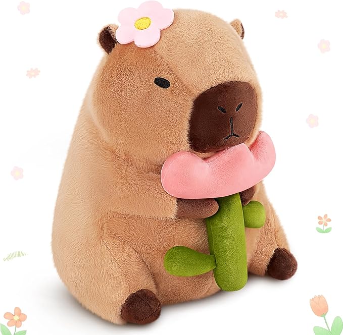 Achwishap Capybara Plush,Cute Plushies Capybara Stuffed Animals,Capybara Plush Toys,Kawaii Plushie Stuffed Toy with Flower Plushies Gift for Kids Adults Birthday(Capybara with Holding Flower,12”)