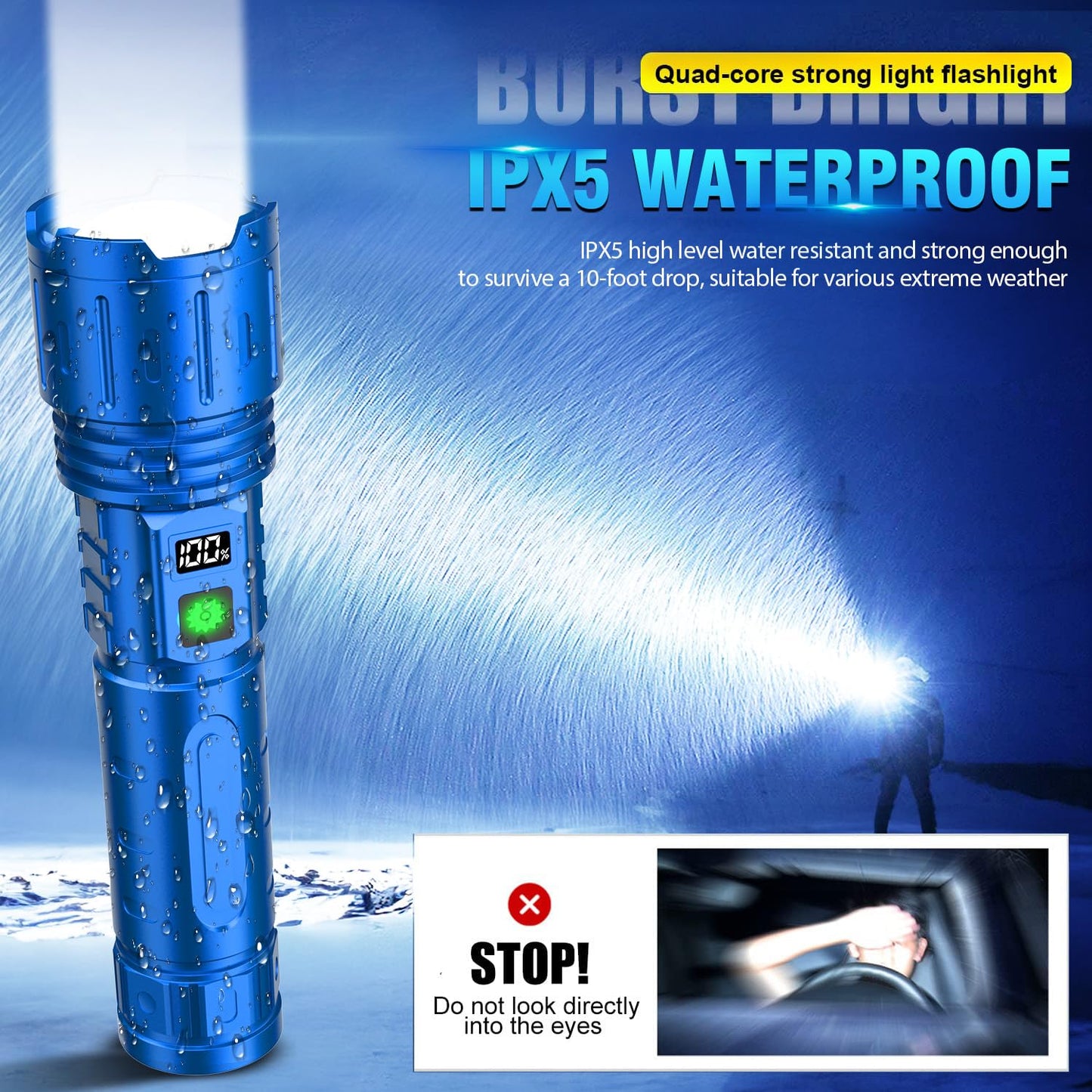 Hoxida Rechargeable Tactical Flashlight - 1500m Beam, LED, IPX5 Waterproof, 5 Modes, Blue, Model 016-1, 20H Runtime